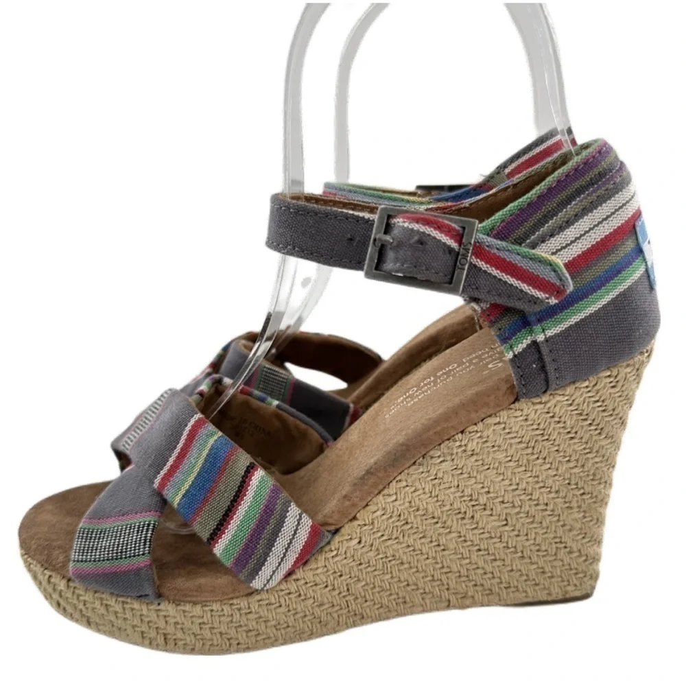 Toms womens size 5 platform wedges multicolored stripe canvas